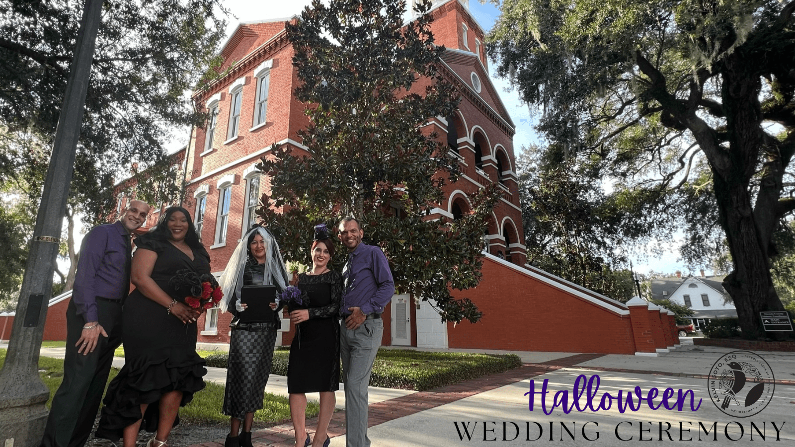 two couples stand in front of the historic kissimmee courthouse in a group wedding ceremony with bright blue sky green trees and text halloween wedding ceremony and a logo of a bird and kelvin soto osceola clerk of the circuit court and county comptroller